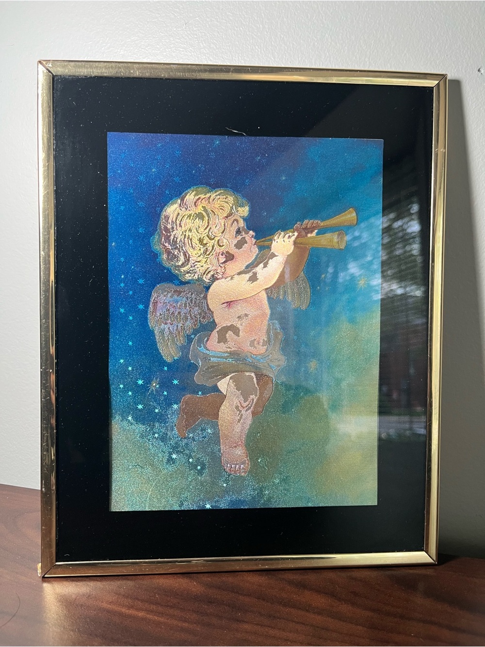 Vintage 1990s Holographic Cherub Angel Wall Foil Art Framed Heavenly Victorian - Picture 9 of 10